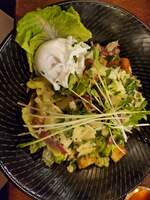 Caesar salad w/poached egg and anchovies (yuck)